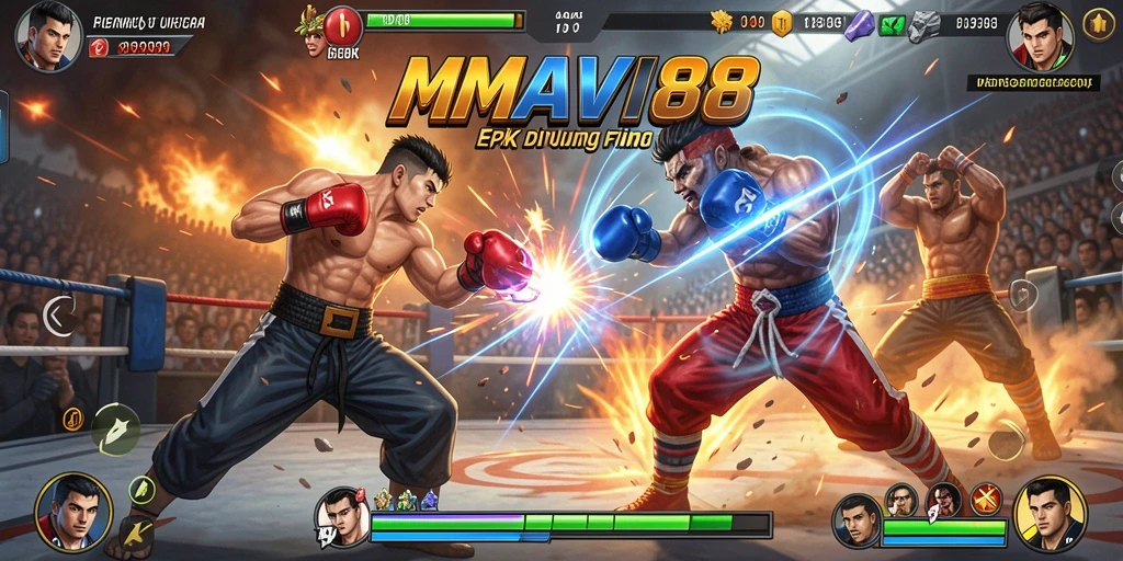 Screenshot AMAVI88 menampilkan pertarungan karakter yang intens dan energik.