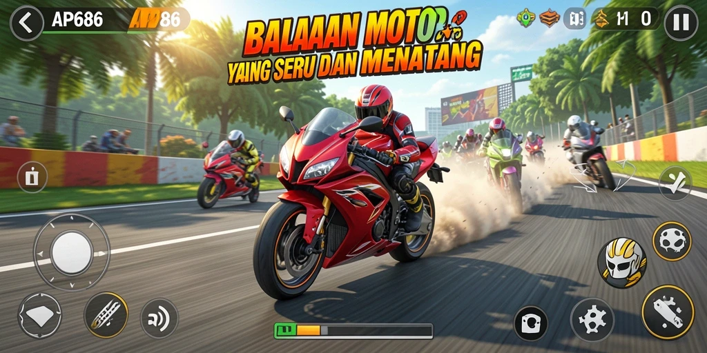 Menampilkan aksi balap motor yang mendebarkan dalam game AP686.