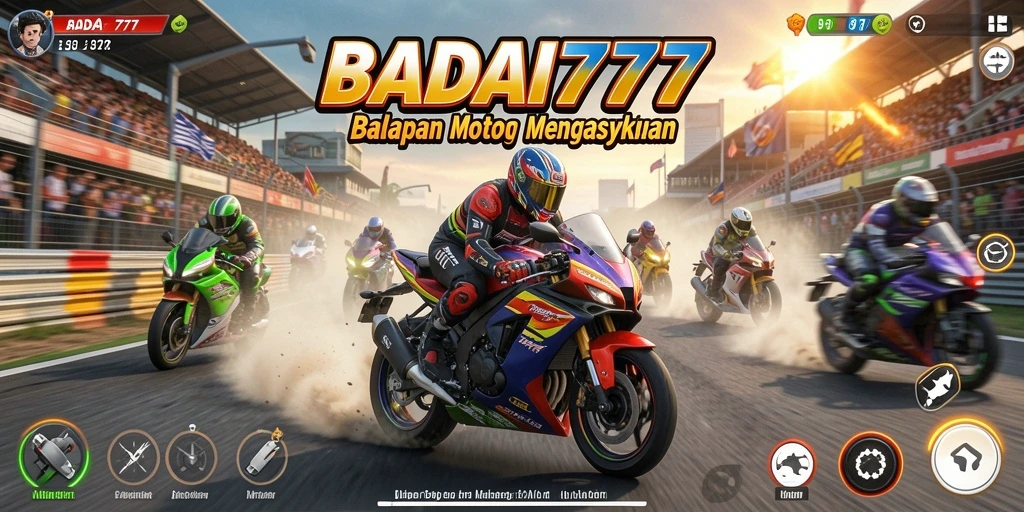 Screenshot gameplay BADAI777 yang menampilkan aksi balapan motor yang mendebarkan.
