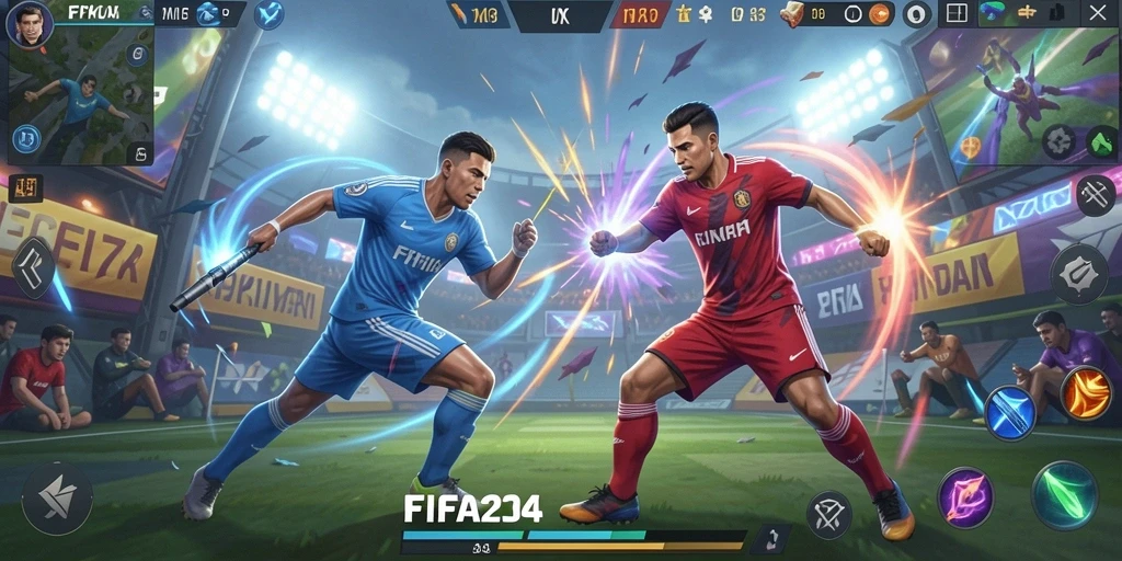 Screenshot menunjukkan pertarungan seru dalam game MOBA FIFA234.