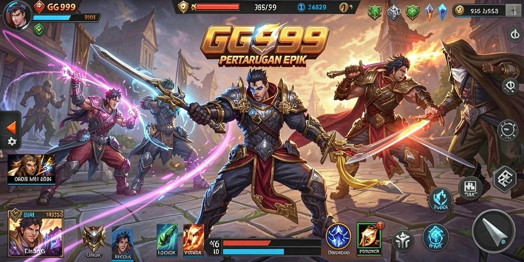 Tangkapan layar gameplay GG999 yang seru dengan aksi pertarungan MOBA.