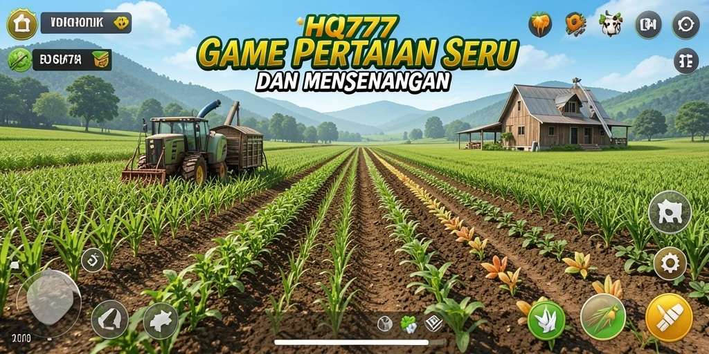 Tampilan gameplay HQ777 yang menampilkan kebun yang indah dan subur.