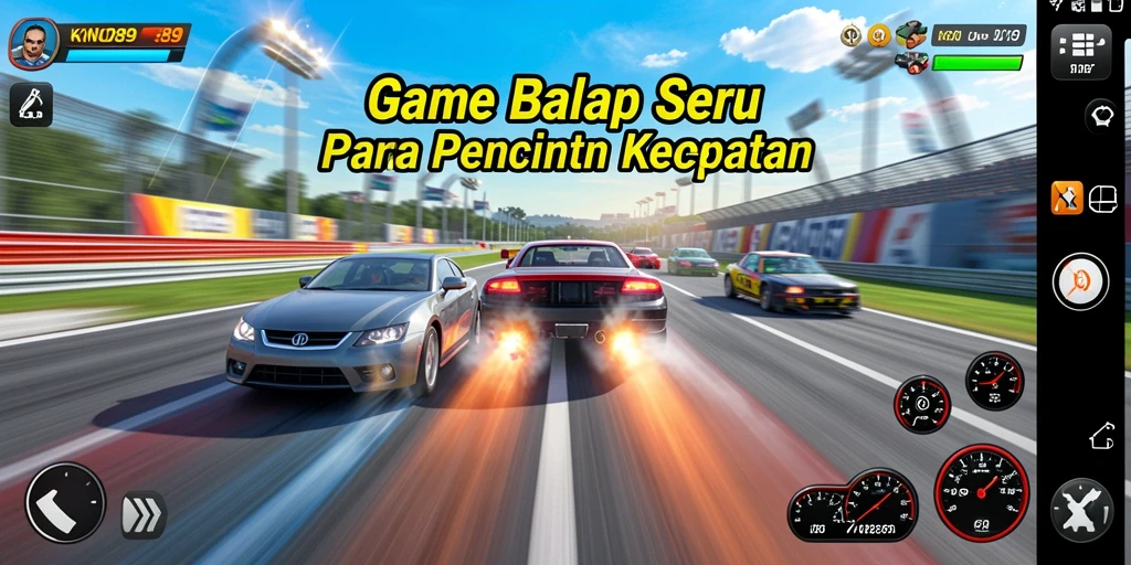 Screenshot KNO89 menampilkan aksi balap yang intens dan kendaraan yang mengesankan.