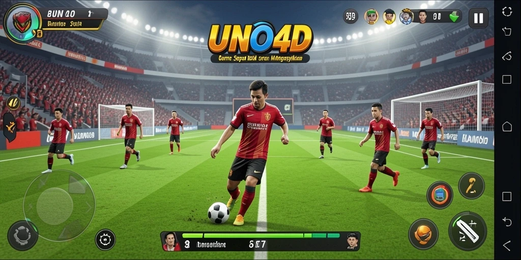 Tampilan gameplay <strong>UNO4D</strong> dengan aksi seru di lapangan sepak bola.
